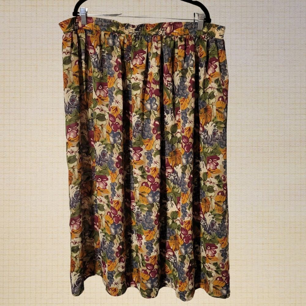 Vintage 90s Dark Academia Pleated Sheer Maxi Skirt Floral Fruit Print Kathy Lee